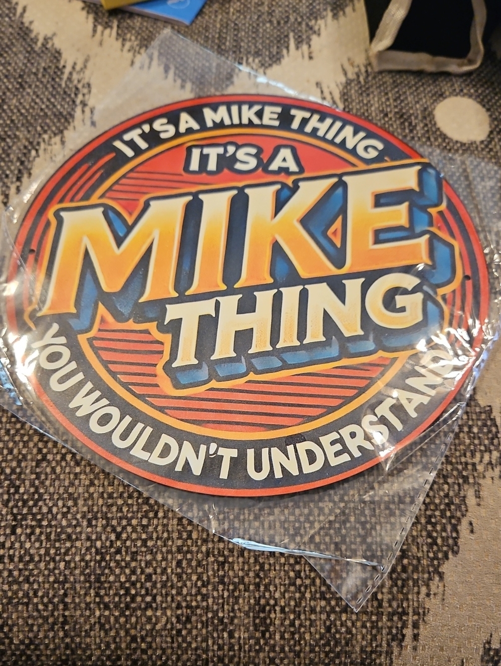 "It's a Mike Thing" 8" Round Aluminum Orange, Blue, Cream